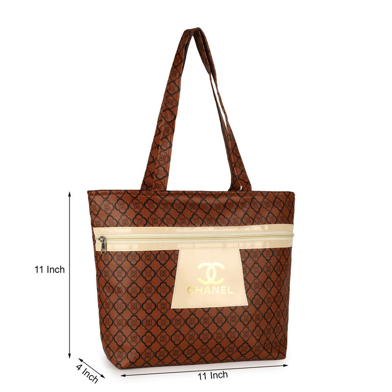 Chanel-Inspired Tote Bag | Stylish Brown Designer Handbag | 11x11x4 Inches | Fashionable & Functional | High-Quality Canvas | Zipper Closure | Gold Logo Accent | Perfect for Everyday Use