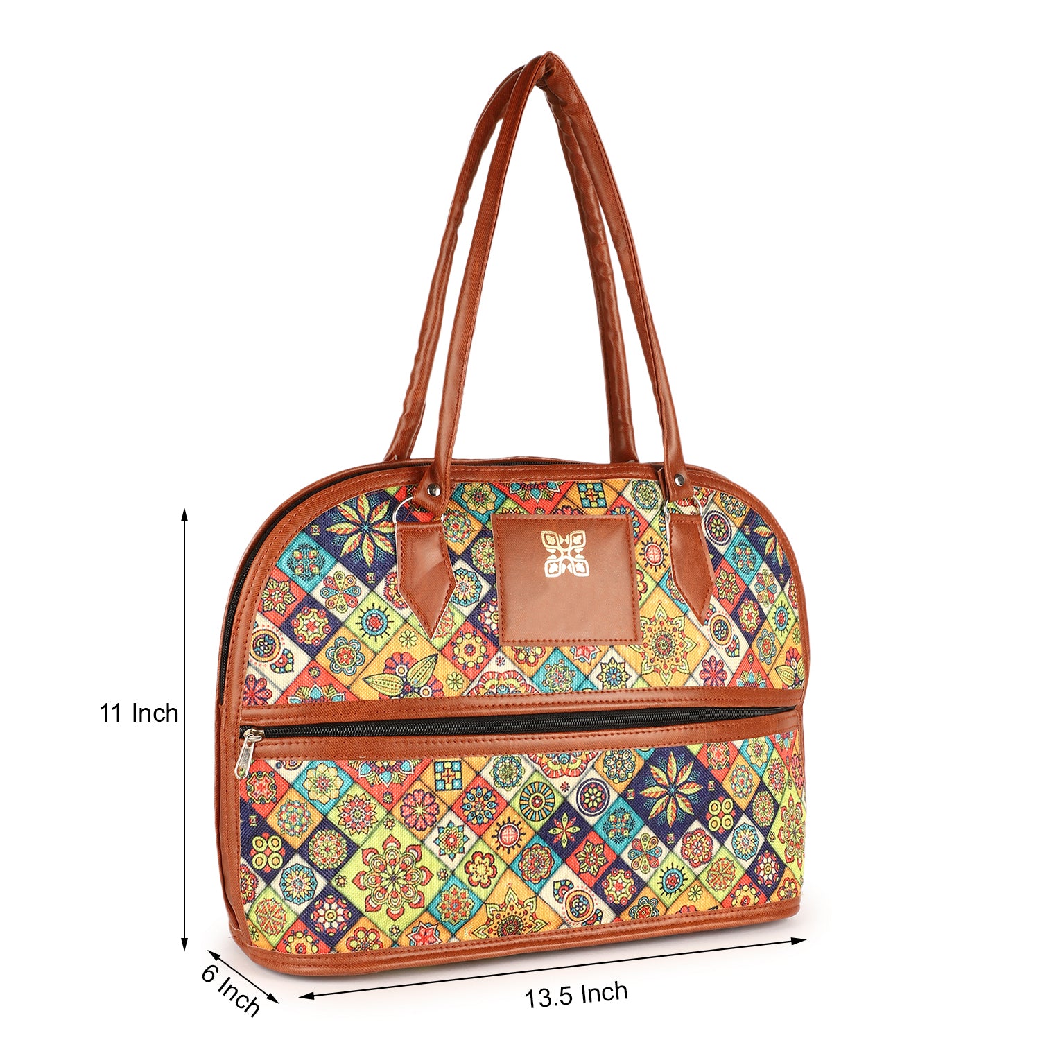 Colorful Embroidered Handbag with Leather Handles – Vibrant Multi-Pattern Design, Spacious Zip Pocket, Durable & Stylish for Daily Use, Travel, or Work – Perfect for Women, Boho and Ethnic Fashion Accessories