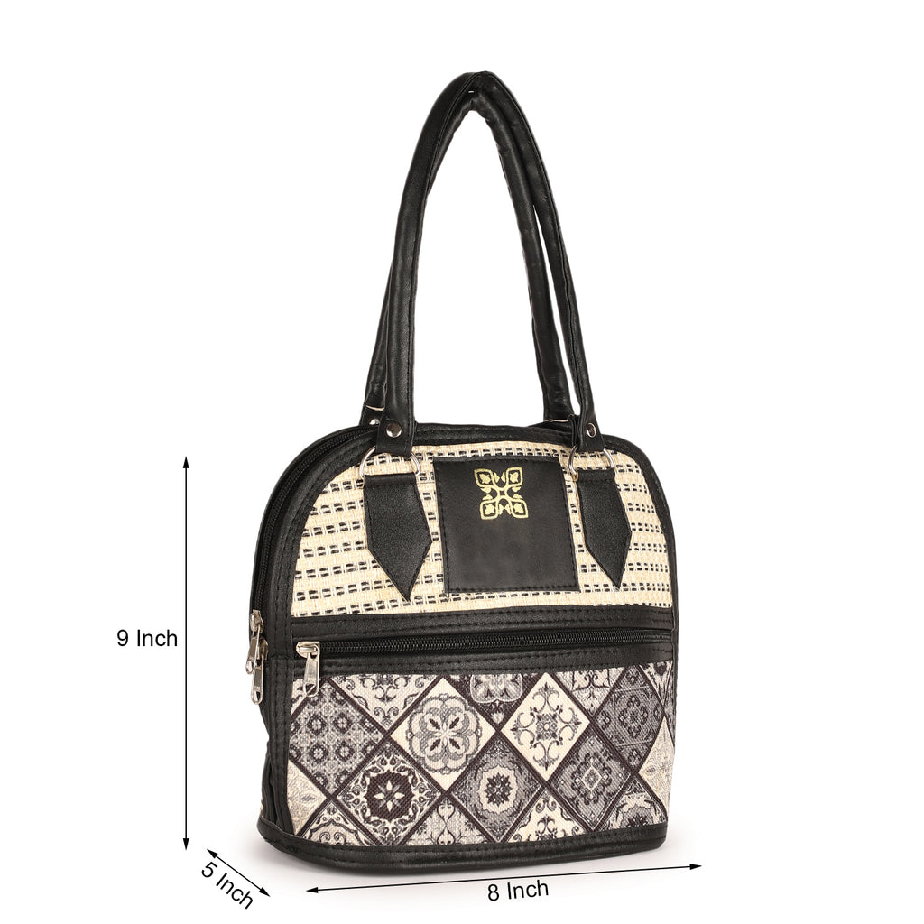 Black and Beige Embroidered Handbag with Leather Handles – Stylish Multi-Pattern Design, Spacious Zippered Pocket, Durable & Fashionable for Work, Travel, or Casual Outings – Ideal for Women’s Everyday Fashion