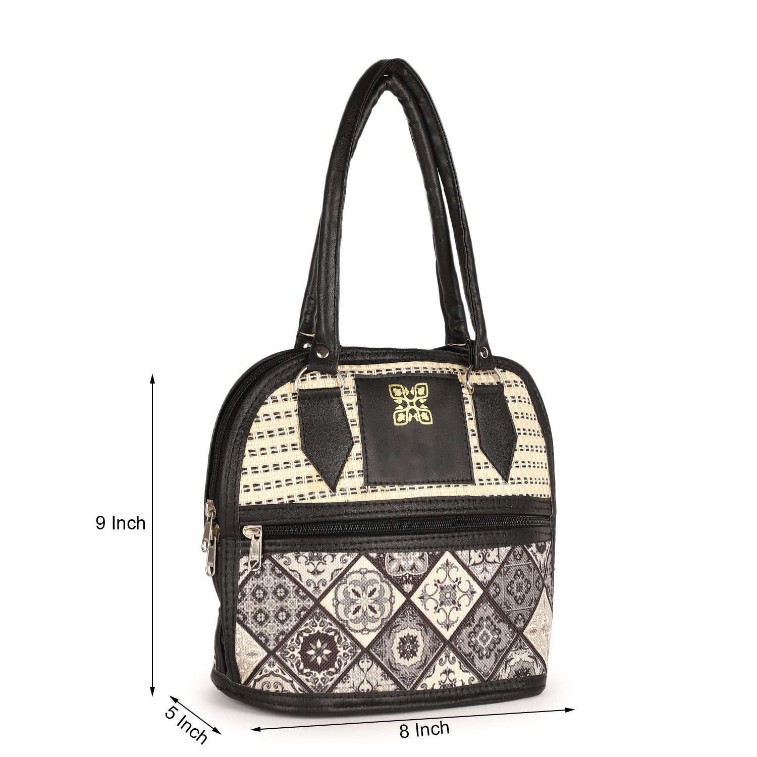 Black and Beige Embroidered Handbag with Leather Handles – Stylish Multi-Pattern Design, Spacious Zippered Pocket, Durable & Fashionable for Work, Travel, or Casual Outings – Ideal for Women’s Everyday Fashion