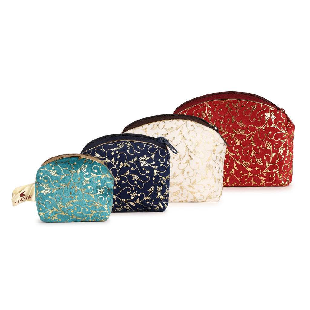 Blue Printed Swet Pouch with Golden Embroidery | Elegant Zippered Storage Pouch for Makeup, Jewelry, Gifts & Travel Set of 4