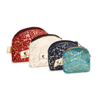 Blue Printed Swet Pouch with Golden Embroidery | Elegant Zippered Storage Pouch for Makeup, Jewelry, Gifts & Travel Set of 4