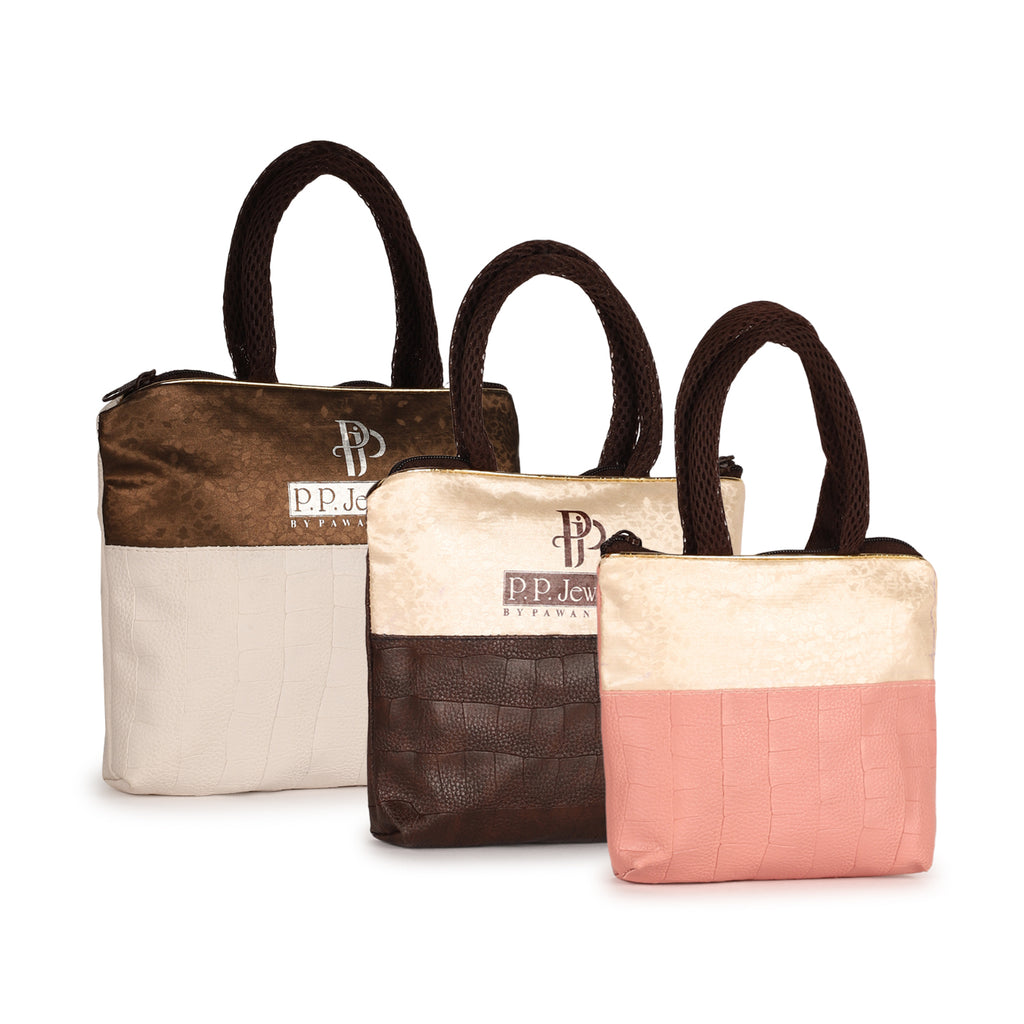 Elegant Tote Bag for Women with Rexin Bottom and Cream Satin Top - Durable, Stylish, and Spacious for Daily Use, Travel, and Shopping set of 3