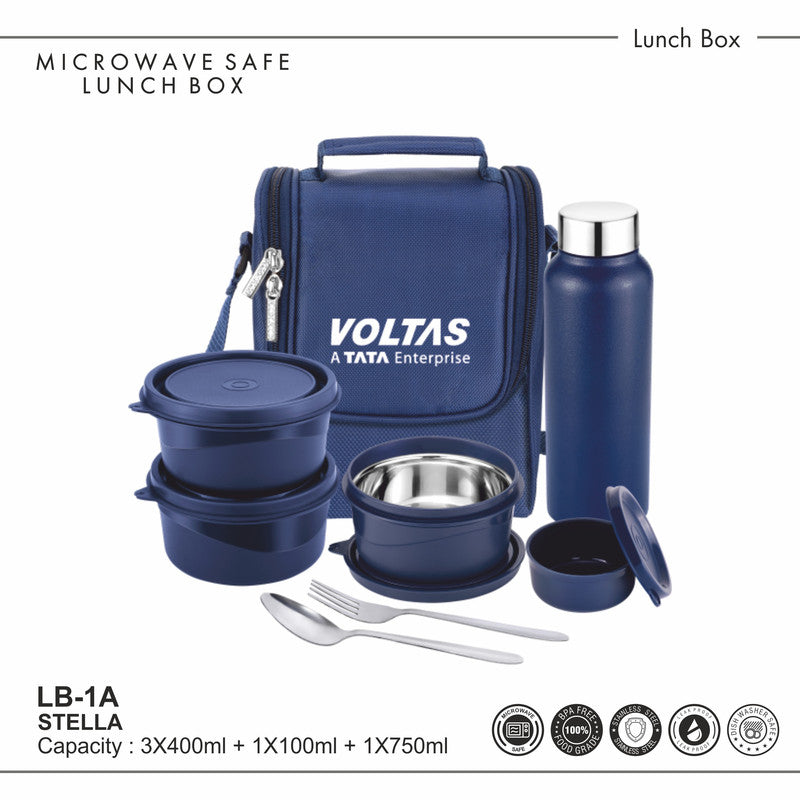 Mercedes-Benz Microwave Safe Lunch Box 5-Piece Set with 3 x 400ml Containers + 1 x 100ml + 1 x 750ml, BPA-Free & Leakproof, Includes Stainless Steel Flask, Carrying Bag, Ideal for Office & School
