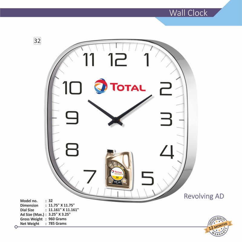 Square Analog Wall Clock | Classic Frame | Large Easy-Read Numbers | Silent Quartz Movement | Home & Office Wall Décor