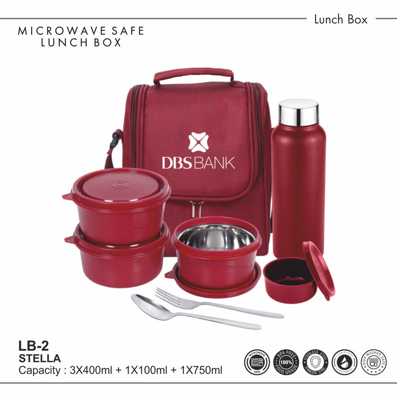 Mercedes-Benz Microwave Safe Lunch Box 5-Piece Set with 3 x 400ml Containers + 1 x 100ml + 1 x 750ml, BPA-Free & Leakproof, Includes Stainless Steel Flask, Carrying Bag, Ideal for Office & School blue