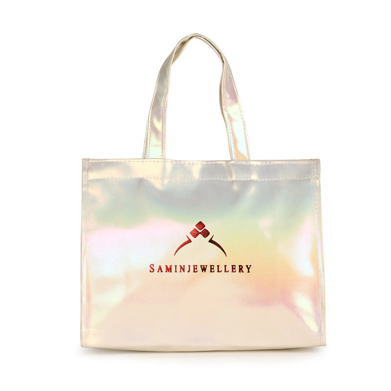 SaminJewellery Designer Hand Bag | Imported Rexin Rainbow Material with Gold Handles | Stylish, Durable & Spacious Bag for Jewellery, Shopping, and Gifts