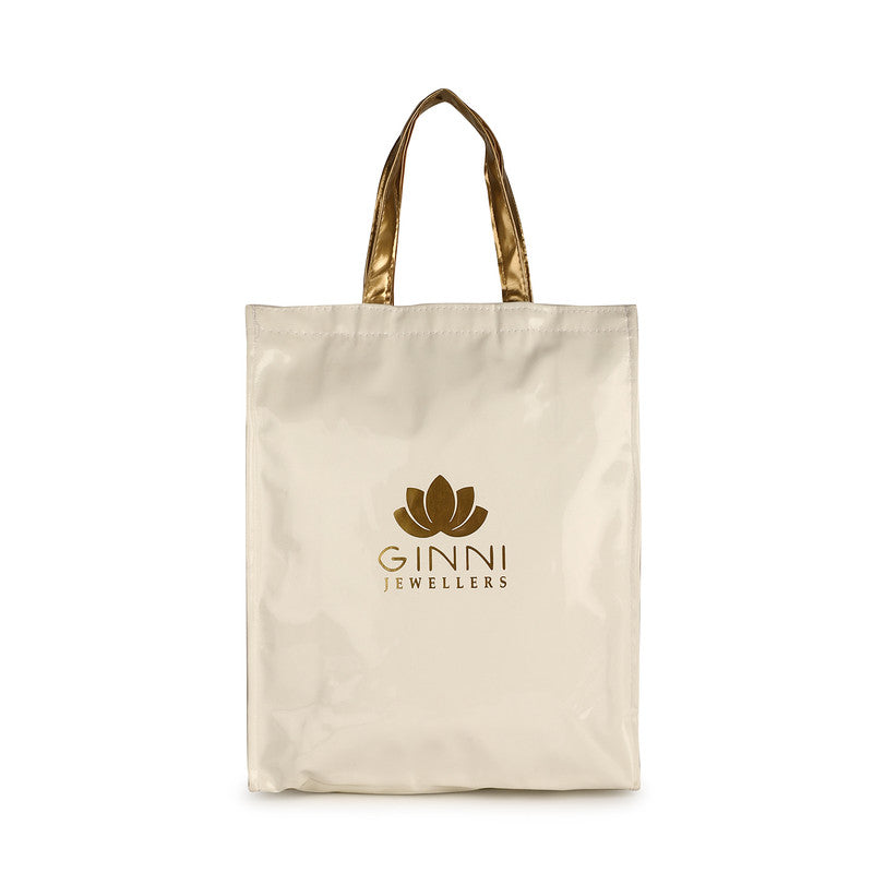 Premium Non-Woven Tote Bag with Metallic Gold Handles - Reusable Shopping Bag for Jewelry Retail Gift Packaging - Elegant Cream Beige Carry Bag - Eco-Friendly Promotional Merchandise Bag