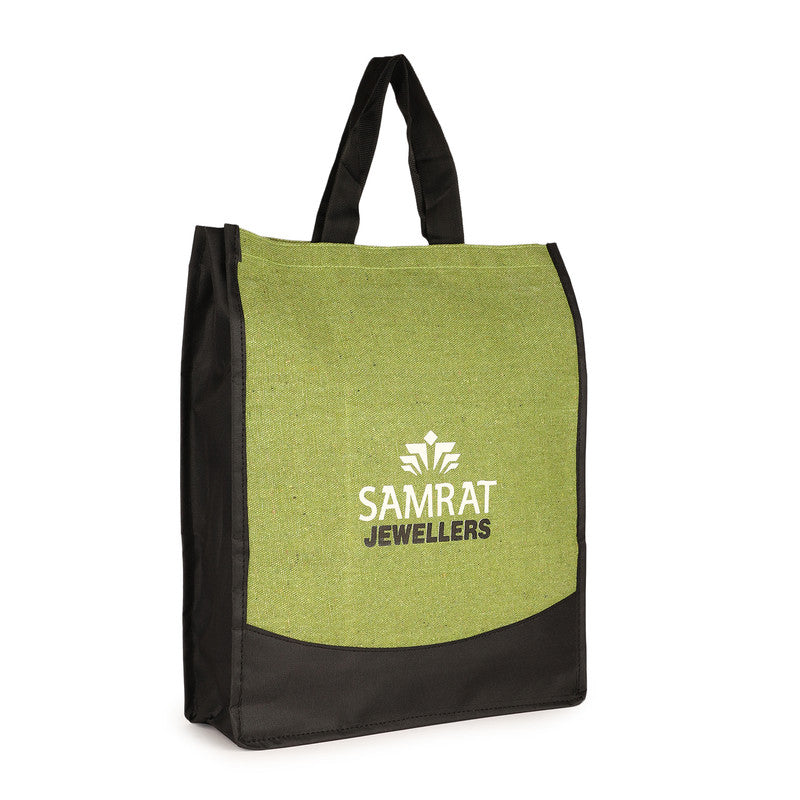 Samrat Jewellers Green Tote Bag | Premium Eco-Friendly Fabric with Black Handles | Spacious, Durable, and Stylish Bag for Jewellery, Shopping, and Gifts