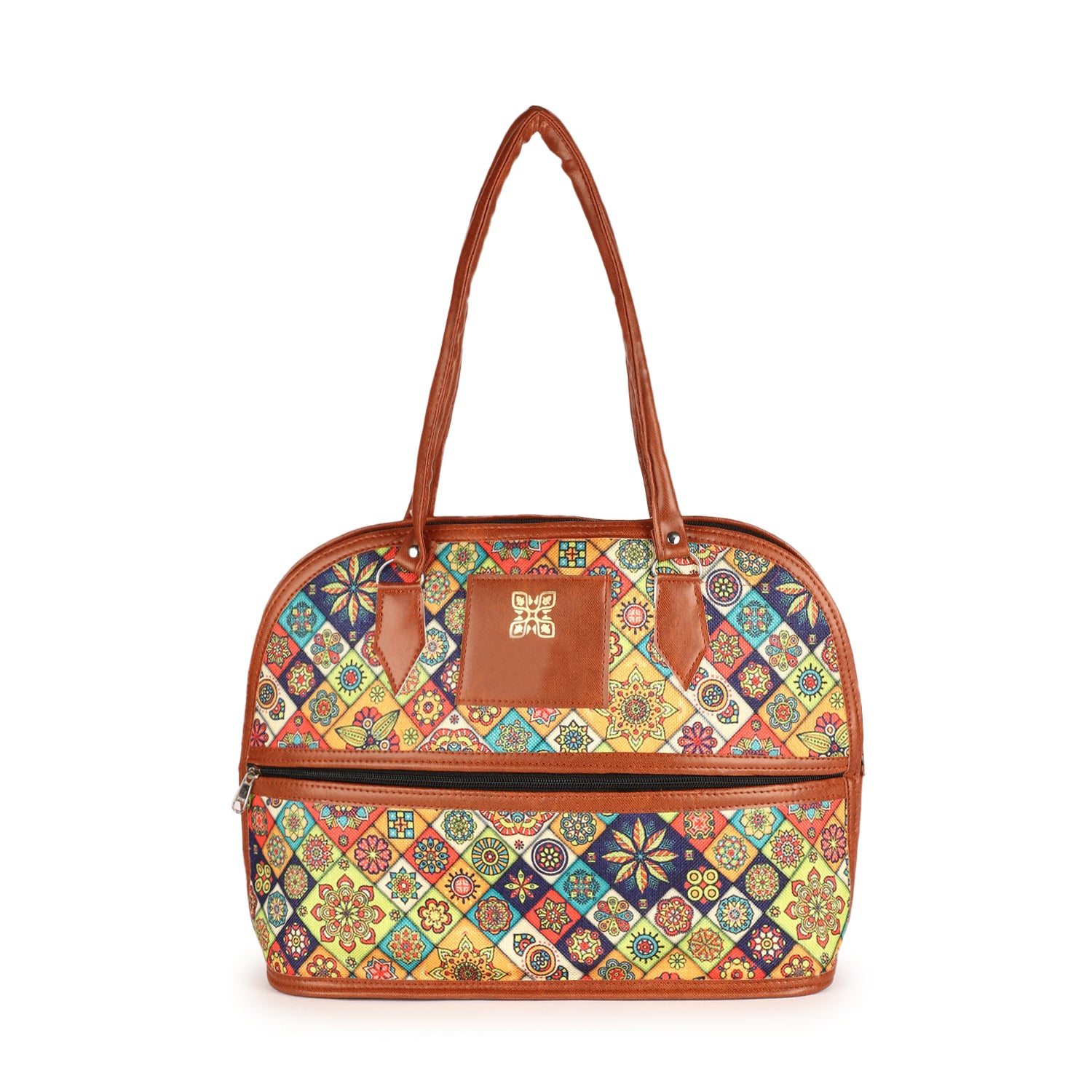 Colorful Embroidered Handbag with Leather Handles – Vibrant Multi-Pattern Design, Spacious Zip Pocket, Durable & Stylish for Daily Use, Travel, or Work – Perfect for Women, Boho and Ethnic Fashion Accessories