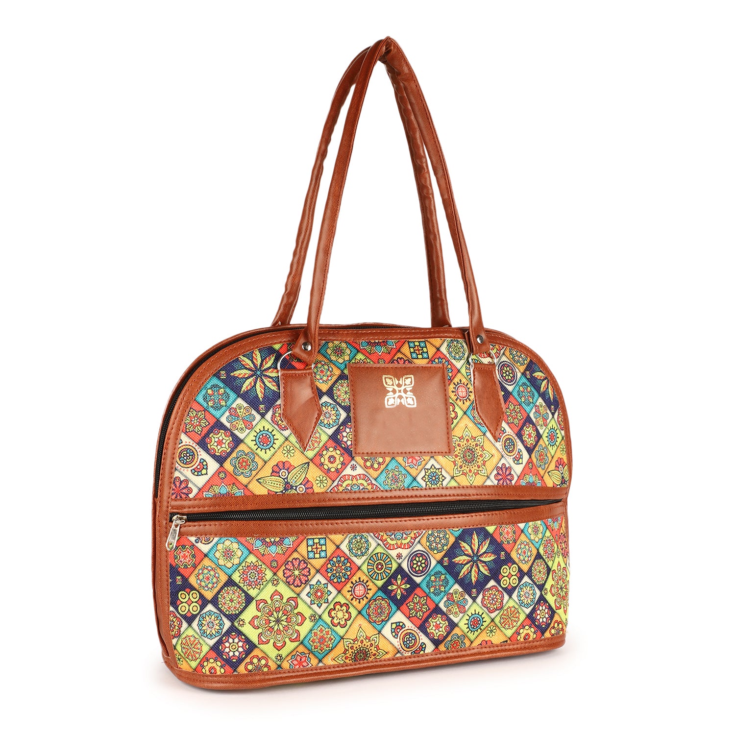Colorful Embroidered Handbag with Leather Handles – Vibrant Multi-Pattern Design, Spacious Zip Pocket, Durable & Stylish for Daily Use, Travel, or Work – Perfect for Women, Boho and Ethnic Fashion Accessories
