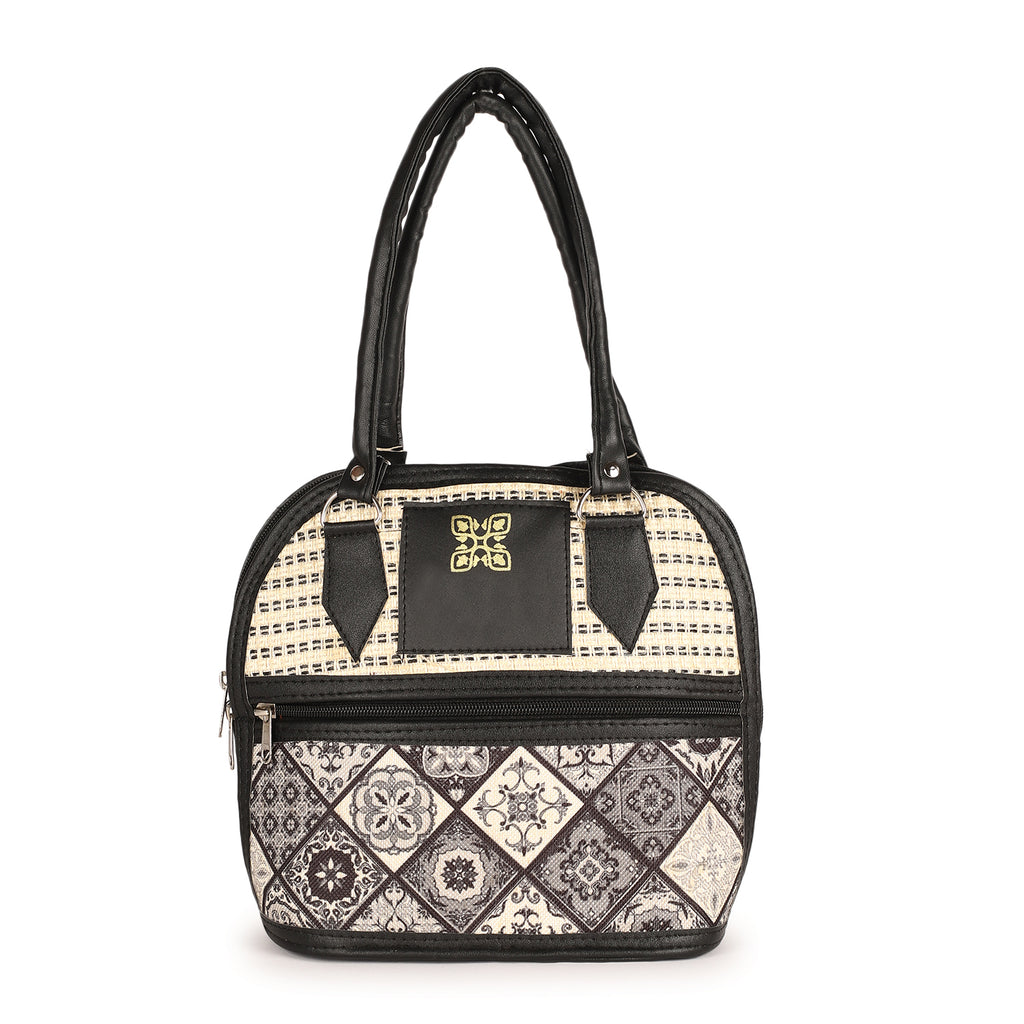 Black and Beige Embroidered Handbag with Leather Handles – Stylish Multi-Pattern Design, Spacious Zippered Pocket, Durable & Fashionable for Work, Travel, or Casual Outings – Ideal for Women’s Everyday Fashion