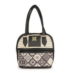 Black and Beige Embroidered Handbag with Leather Handles – Stylish Multi-Pattern Design, Spacious Zippered Pocket, Durable & Fashionable for Work, Travel, or Casual Outings – Ideal for Women’s Everyday Fashion