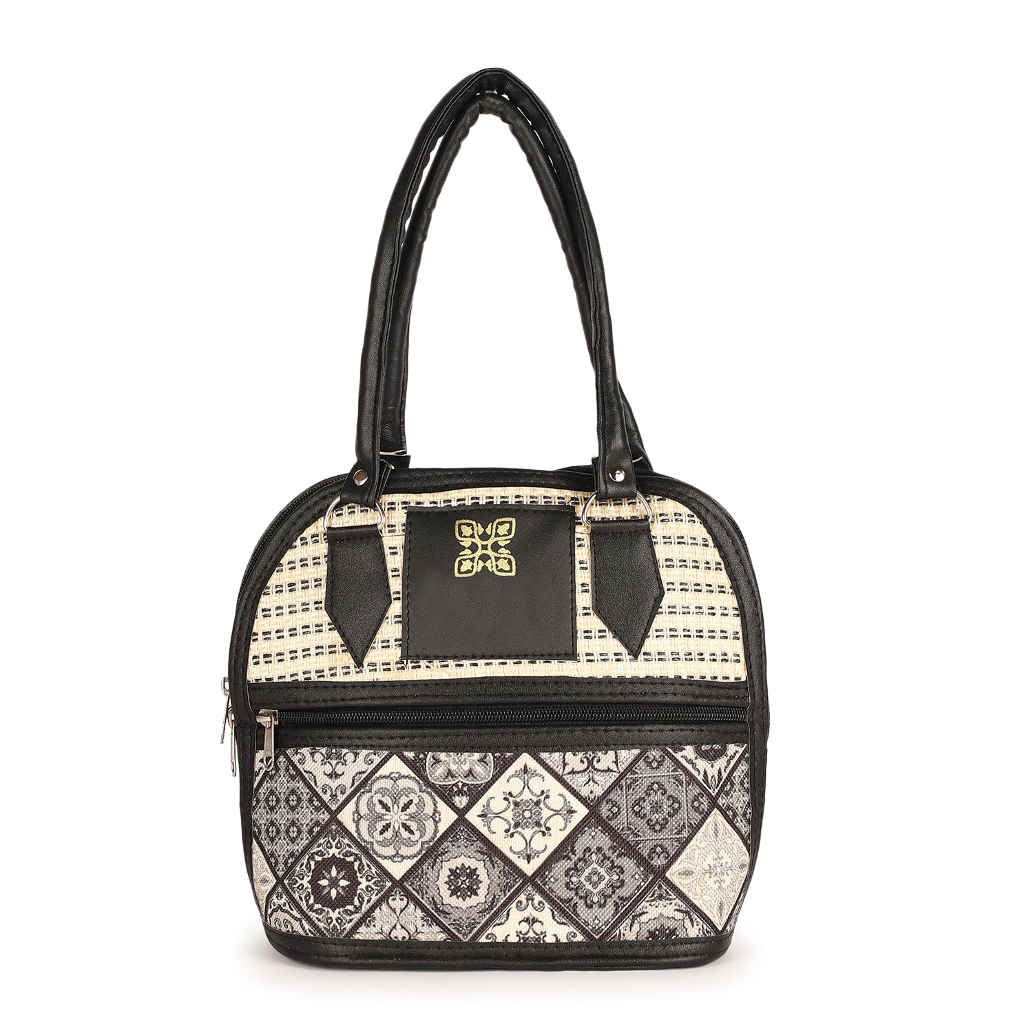 Black and Beige Embroidered Handbag with Leather Handles – Stylish Multi-Pattern Design, Spacious Zippered Pocket, Durable & Fashionable for Work, Travel, or Casual Outings – Ideal for Women’s Everyday Fashion