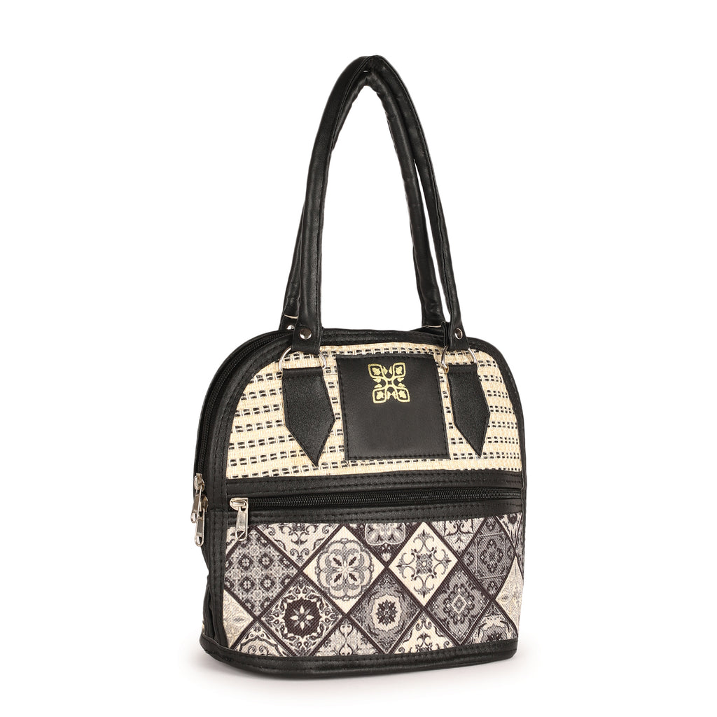 Black and Beige Embroidered Handbag with Leather Handles – Stylish Multi-Pattern Design, Spacious Zippered Pocket, Durable & Fashionable for Work, Travel, or Casual Outings – Ideal for Women’s Everyday Fashion