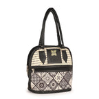 Black and Beige Embroidered Handbag with Leather Handles – Stylish Multi-Pattern Design, Spacious Zippered Pocket, Durable & Fashionable for Work, Travel, or Casual Outings – Ideal for Women’s Everyday Fashion