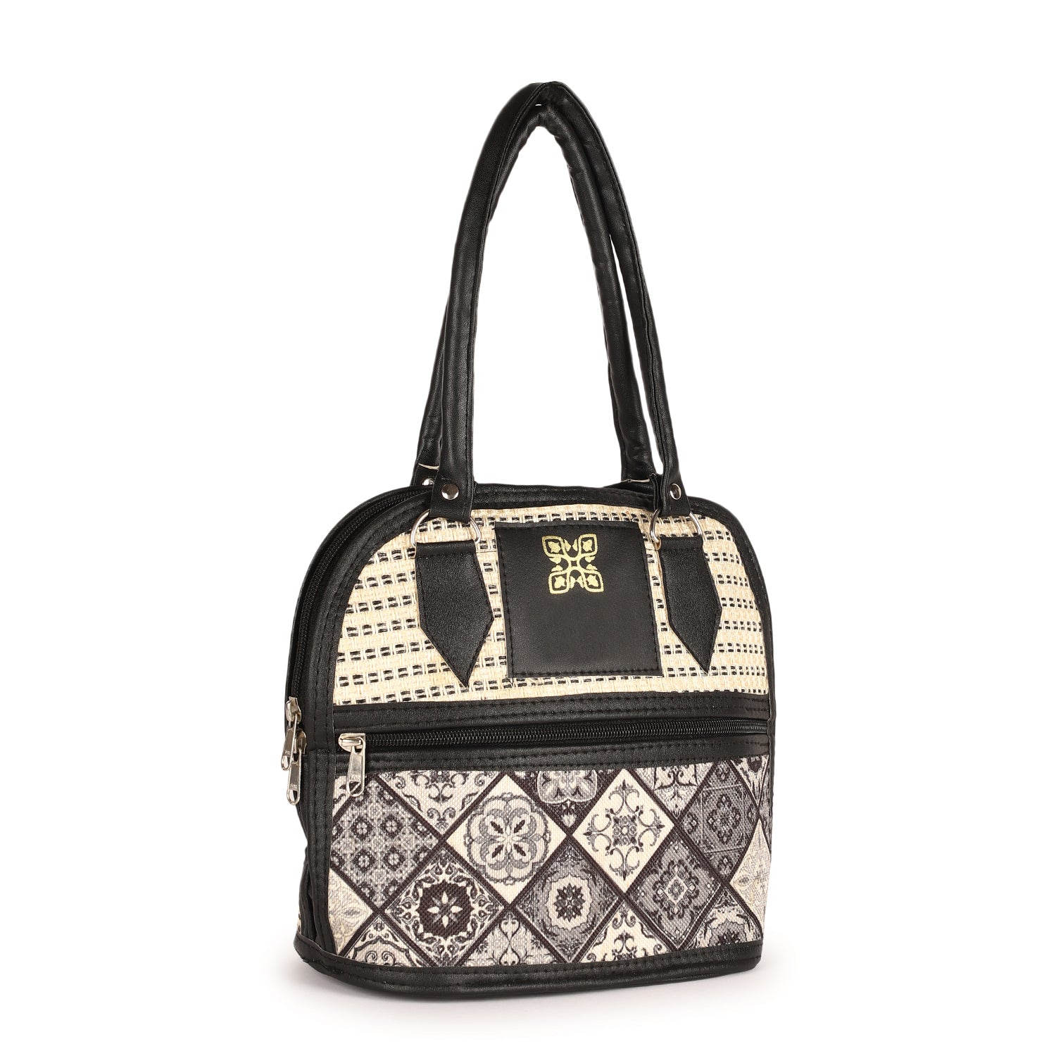 Black and Beige Embroidered Handbag with Leather Handles – Stylish Multi-Pattern Design, Spacious Zippered Pocket, Durable & Fashionable for Work, Travel, or Casual Outings – Ideal for Women’s Everyday Fashion