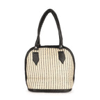 Black and Beige Embroidered Handbag with Leather Handles – Stylish Multi-Pattern Design, Spacious Zippered Pocket, Durable & Fashionable for Work, Travel, or Casual Outings – Ideal for Women’s Everyday Fashion