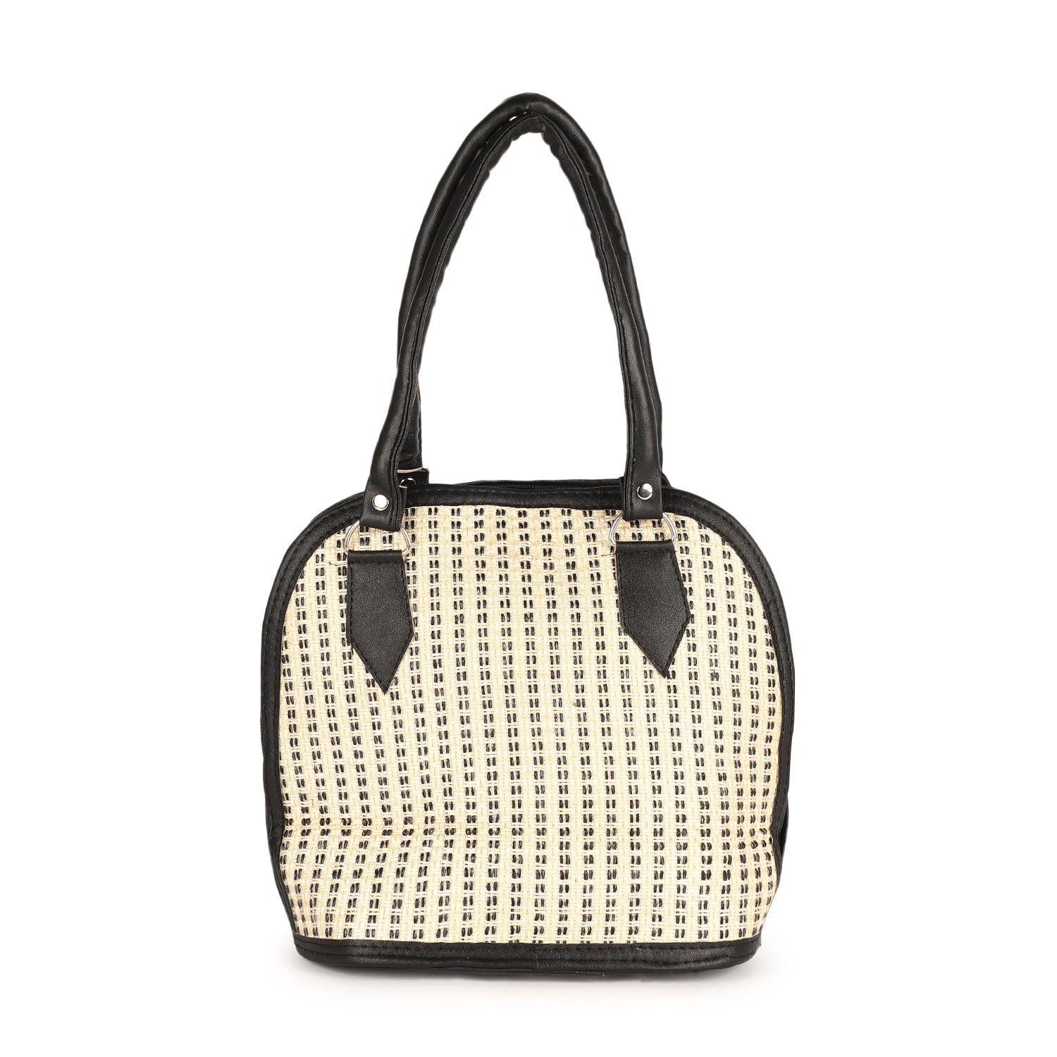 Black and Beige Embroidered Handbag with Leather Handles – Stylish Multi-Pattern Design, Spacious Zippered Pocket, Durable & Fashionable for Work, Travel, or Casual Outings – Ideal for Women’s Everyday Fashion