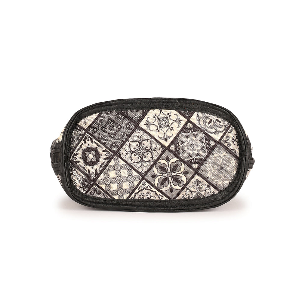 Black and Beige Embroidered Handbag with Leather Handles – Stylish Multi-Pattern Design, Spacious Zippered Pocket, Durable & Fashionable for Work, Travel, or Casual Outings – Ideal for Women’s Everyday Fashion