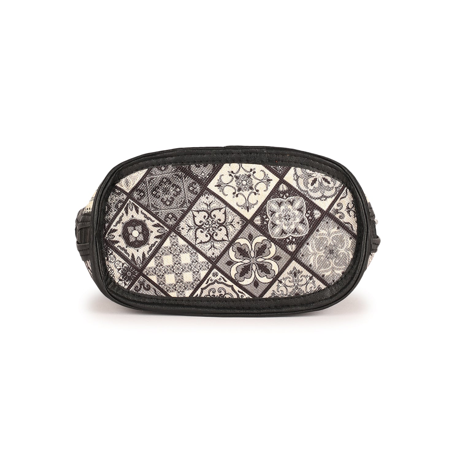 Black and Beige Embroidered Handbag with Leather Handles – Stylish Multi-Pattern Design, Spacious Zippered Pocket, Durable & Fashionable for Work, Travel, or Casual Outings – Ideal for Women’s Everyday Fashion