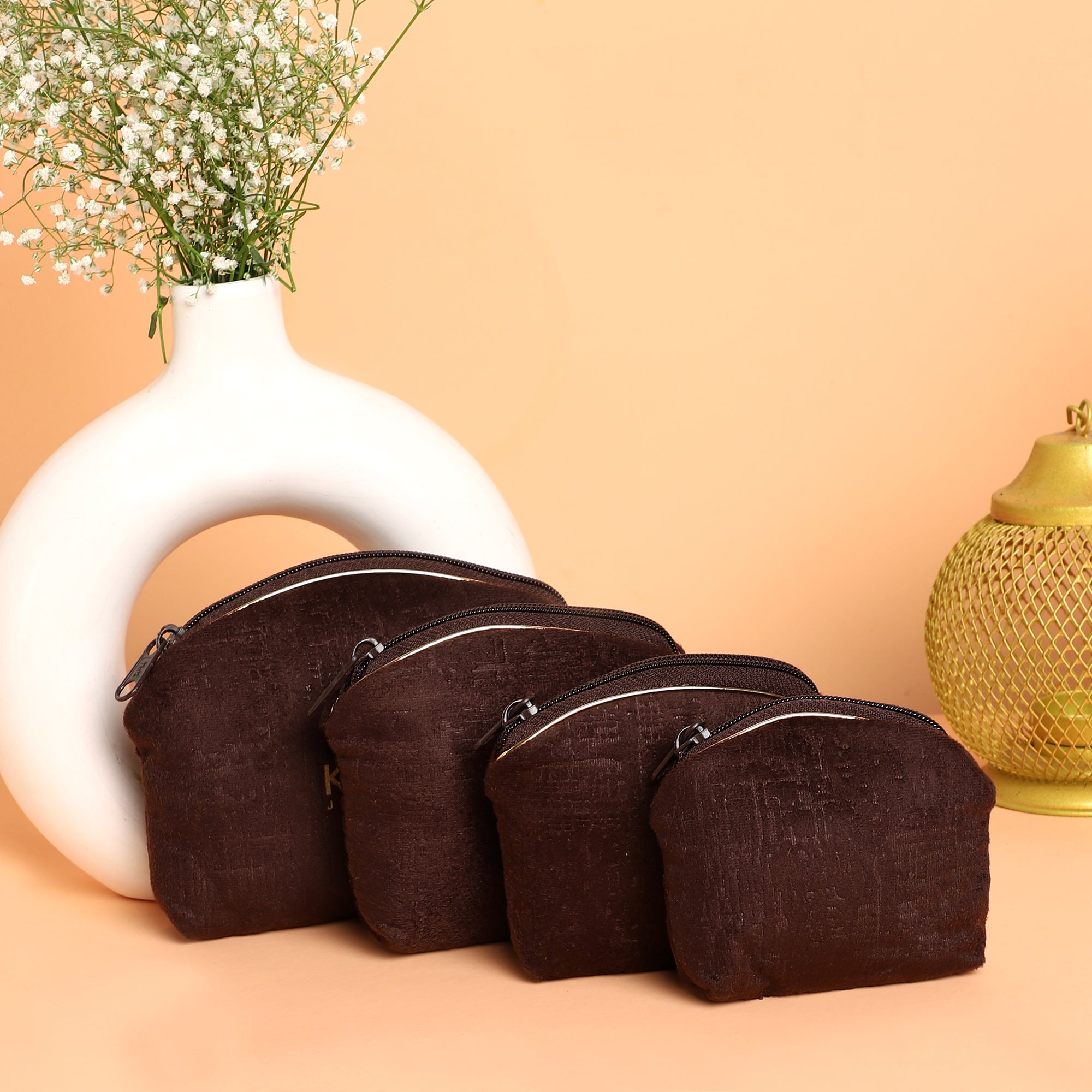 Kalyan Jewellers  Pouch – Premium Swet Self Print Material Storage Bag with Zipper for Makeup, Toiletries, and Accessories – Elegant Travel Organizer Set of 4